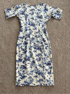 ASOS Blue Toile Print Short Sleeve Pockets A-Line Wiggle Dress Womens Size 6